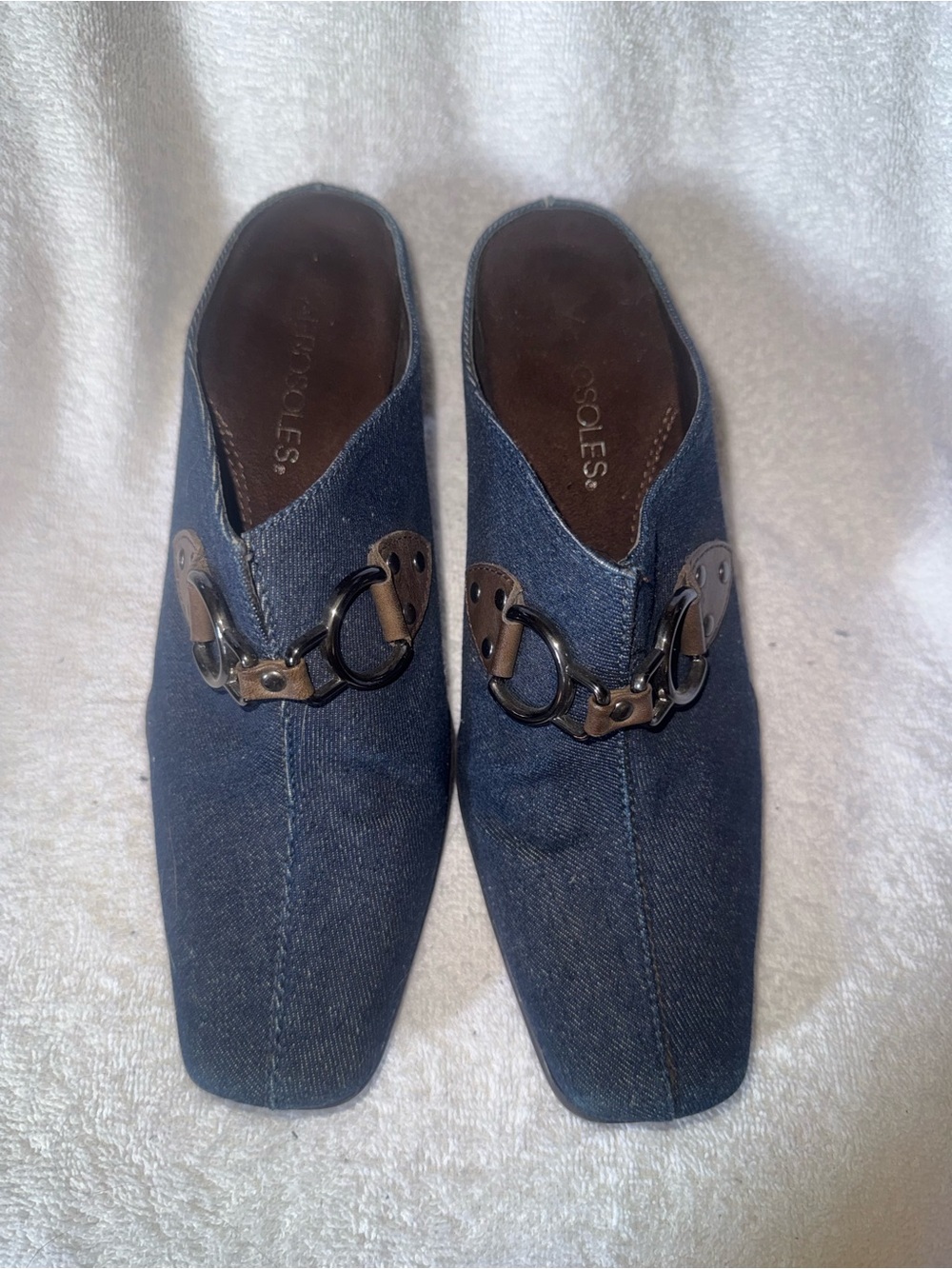 AEROSOLES Navy Denim Slip-On Sandal Mules with Metal Bit
